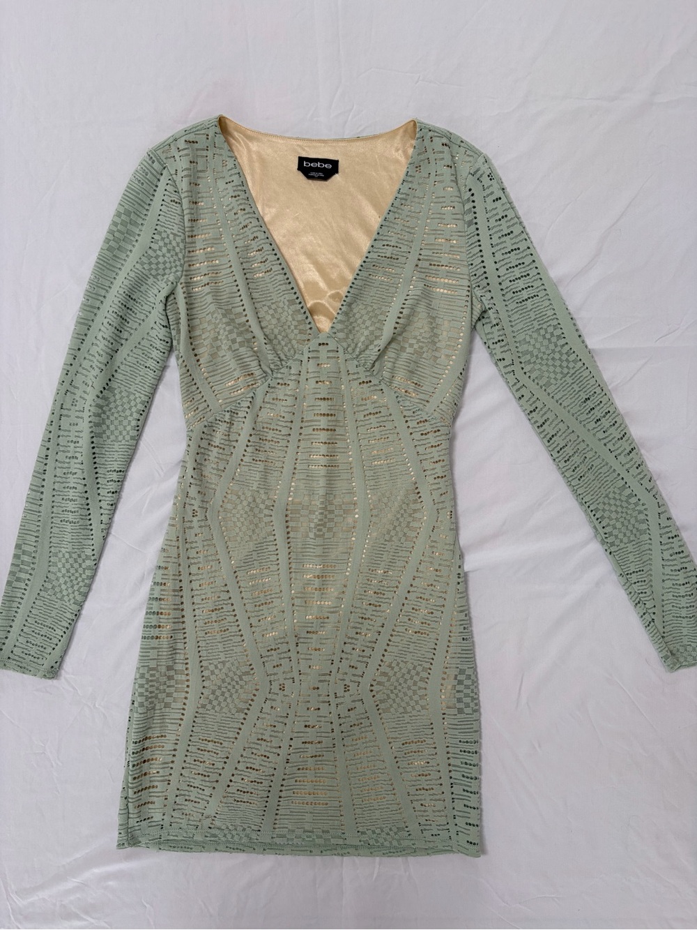 Bebe Tristyn Sage Green Metallic Lace Open-Back Mini Dress